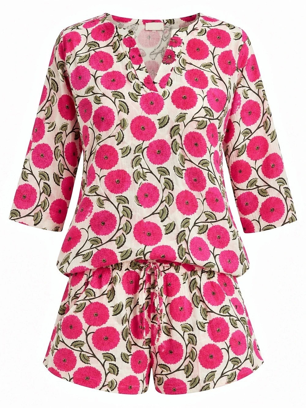 Little Tibet Boutique Floral Pajama Set in Pink & White Size Small Cotton Lounge